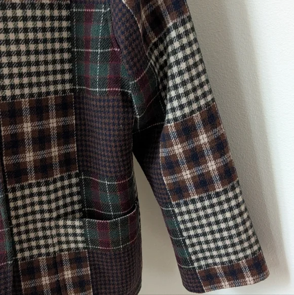 Vintage Wool Plaid Patchwork Button Up Jacket In Burgundy/Brown/Navy